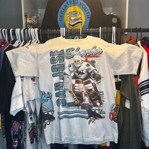 1991 San Jose Sharks Jeff Hackett Bulletin Athletic NHL AOP Shirt Made Canada XL